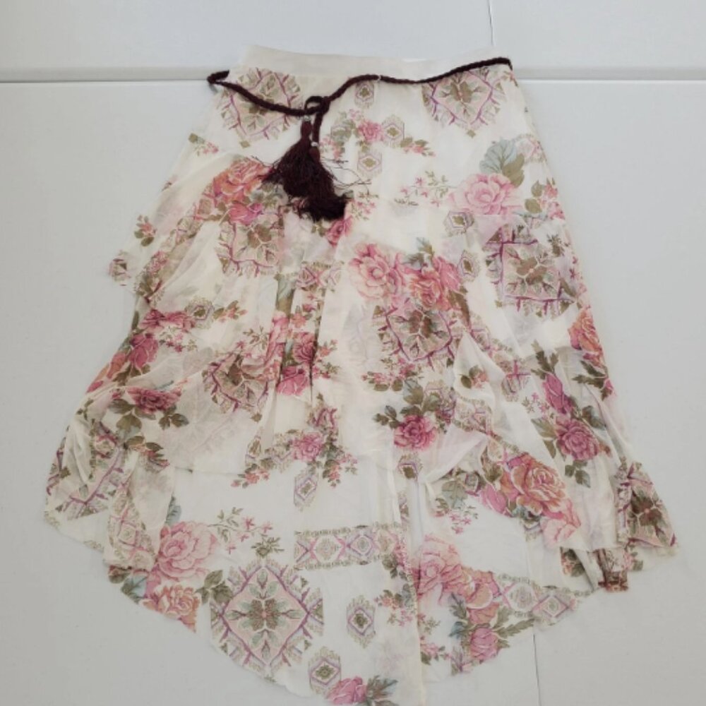 Fairy Skirt Women Small White Pink Floral Asymmetrical Ruffle Belt